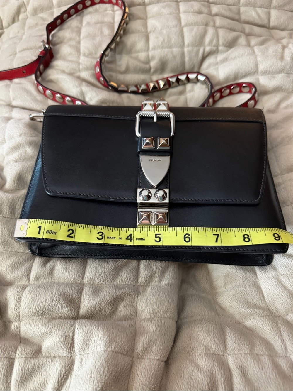 Prada Black Leather Crossbody w/Red Leather Silver-Tone Studded Strap & Accents! - Picture 12 of 15